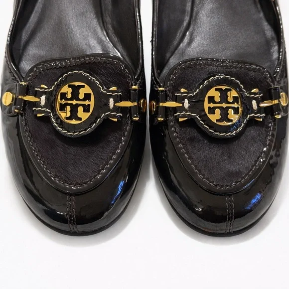 NWOT Tory Burch Dark Brown Patent Leather & Haircalf Ballet Flats Gold Hardware - Picture 4 of 15